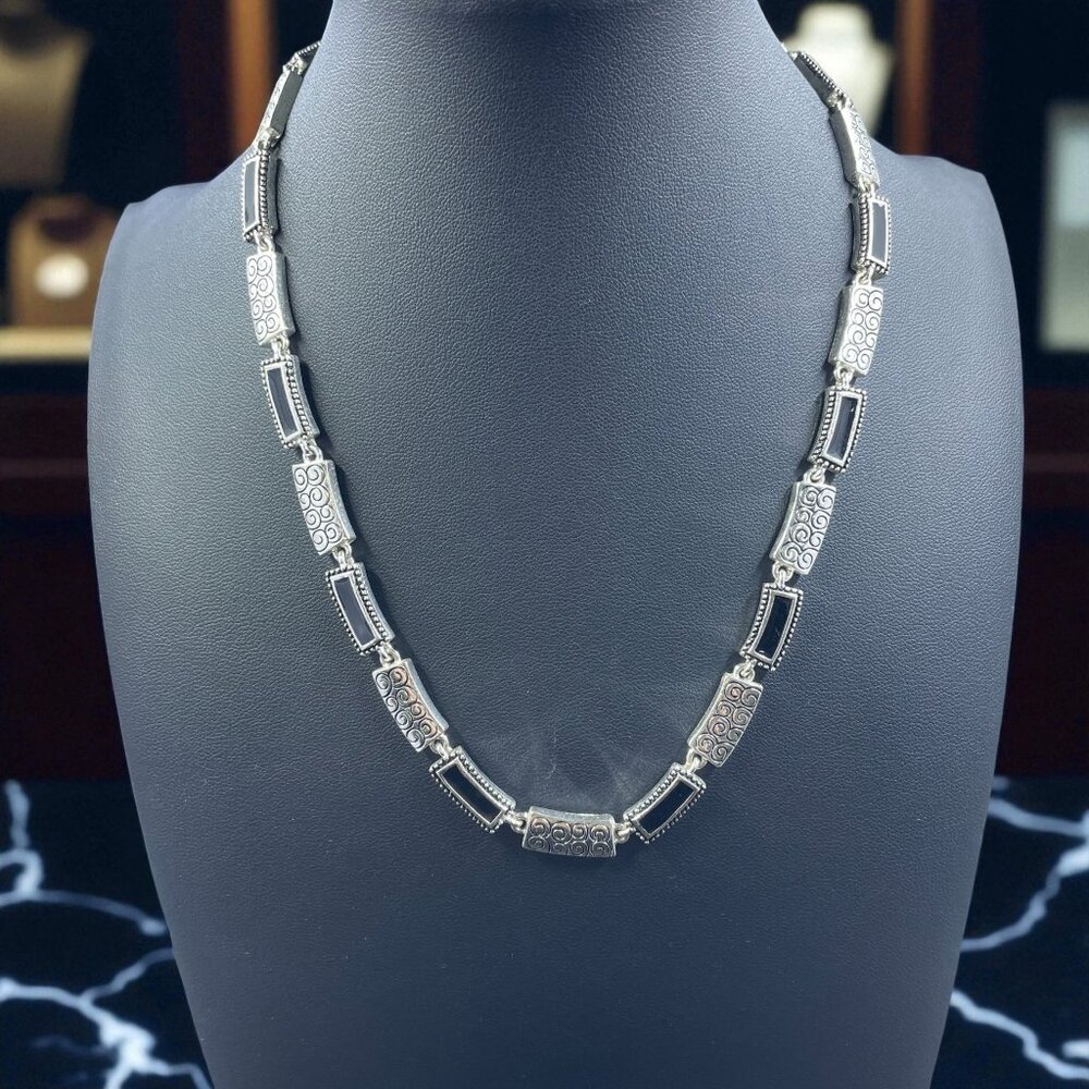 Silver Swirl Black Inlay Link Necklace Gothic Art‎ Deco Statement Vintage Look